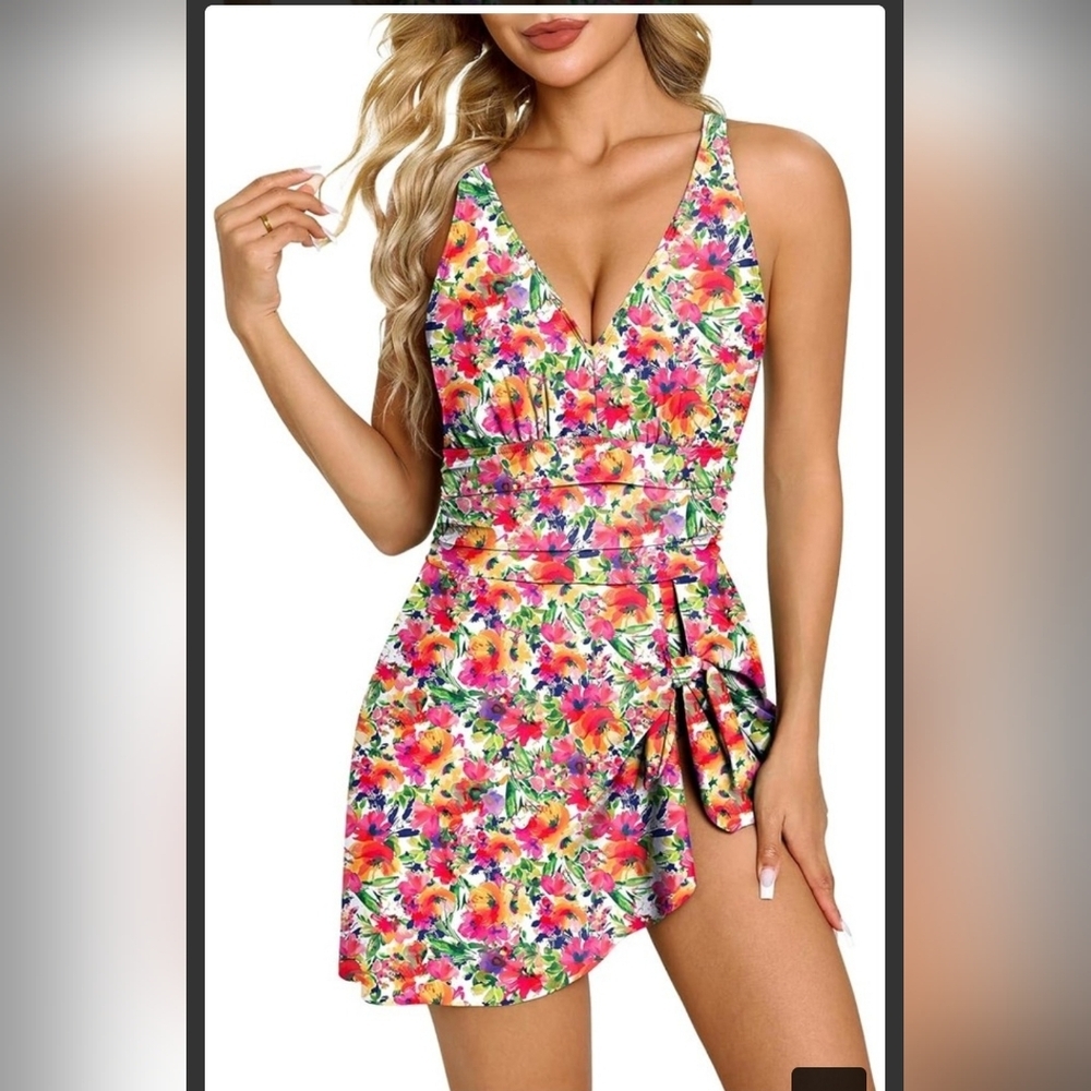 Floral V-Neck Tie-Side Swim Dress With Built In Bottoms